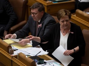 Finance Minister Donna Harpauer addresses the Speaker of the House in chambers during session at the Saskatchewan Legislative Building on Thursday, May 19, 2022 in Regina. KAYLE NEIS / Regina Leader-Post