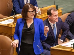 Opposition leader Carla Beck speaks at the Legislative Building on Monday.