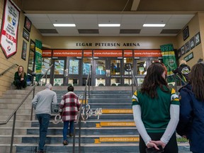 People walk into Elgar Petersen Arena for a time of reflection during the fifth year anniversary of the Humboldt Broncos bus crash.