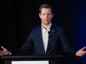 Alexis von Hoensbroech, CEO of WestJet, speaks at a Calgary Chamber of Commerce event on Wednesday, April 12, 2023.