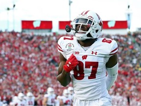 Quintez Cephus of the Wisconsin Badgers celebrates after scoring a 11 yard touchdown against the Oregon Ducks during the second quarter in the Rose Bowl game presented by Northwestern Mutual at Rose Bowl on January 01, 2020 in Pasadena, California.