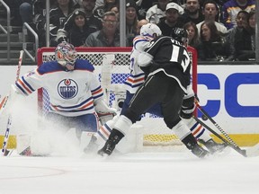 Los Angeles Kings right wing Gabriel Vilardi (13) scores against Edmonton Oilers defenseman Darnell Nurse (25) and goaltender Stuart Skinner (74) during the first period of Game 4 of an NHL hockey Stanley Cup first-round playoff series hockey game Sunday, April 23, 2023, in Los Angeles. Skinner will get the start Tuesday night in the Oilers' Game 5 matchup against the Los Angeles Kings.