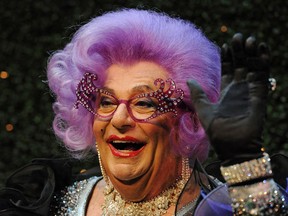 In this file photo taken on July 5, 2012, Australian comedian, actor and author Barry Humphries, dressed as his alter ego, Dame Edna Everage, appears at a press conference in Sydney.