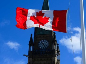 The Canadian flag flutters on Parliament Hill.