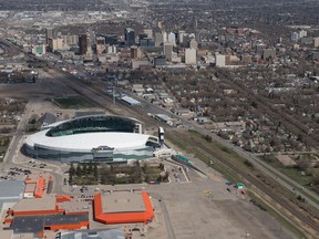 An aerial photo shows the Brandt Centre and Mosaic Stadium with the city's downtown in the background. BRANDON HARDER/ Regina Leader-Post