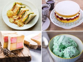 Some of the dishes either created for or popularized by royal occasions in the U.K. include, clockwise from top left: coronation chicken, Victoria sponge cake, mint chocolate chip ice cream and Battenberg cake. PHOTOS BY GETTY IMAGES; CORONATION CHICKEN PHOTO BY SAM A HARRIS