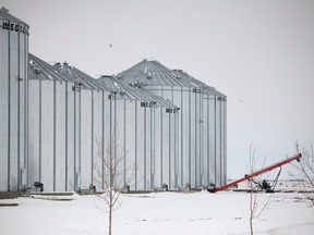 A snowy grain farm located south of Regina on Friday, April 21, 2023 near Regina.