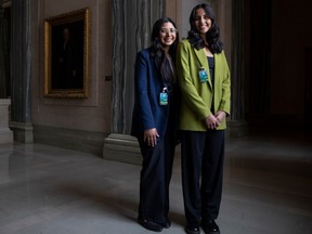 REGINA, SASK : April 19, 2023--First year medical students at the University of Saskatchewan and Co-founders of Universal Access to Contraception Saskatchewan Wardah Mahmood (L) and Natisha Thakkar (R) stand for a portrait at the Saskatchewan Legislature on Wednesday, April 19, 2023 in Regina. KAYLE NEIS / Regina Leader-Post