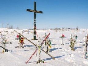 A memorial on the roadside where the Humboldt Broncos bus crash took place is shown on Highway 35 near Armley.