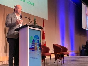 NDP MLA Matt Love addresses delegates at the Saskatchewan Urban Municipalities Association?s convention at TCU Place in Saskatoon on April 18, 2023. (Bryn Levy/Saskatoon StarPhoenix)