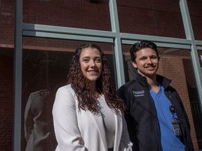 Kalea Rempel, a second-year med student and Adrian Teare, third-year med student stand for a portrait outside Regina General Hospital on Wednesday, April 12, 2023 in Regina.  Both students are co-founders of Universal Access to Contraception Saskatchewan, a newly formed advocacy group calling for the province to provide birth control for free similar to the decision just made by B.C. Missing are remaining members Wardah Mahmood, Brynne Stebbings and Natisha Thakkar.