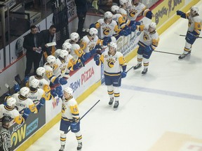 Saskatoon Blades celibate a goal during game 4 of WHL playoff action at the Brandt Centre on Wednesday, April 5, 2023 in Regina. KAYLE NEIS / Regina Leader-Post