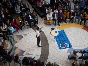 Prime Minister Justin Trudeau speaks during a town hall event at the First Nations University on Thursday, April 13, 2023 in Regina.