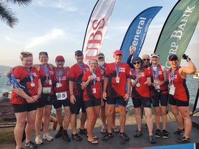 The Regina-based Pond Scum dragon boat gather with their medals in Panama after wins at the Pan American Club Crew Championships in March 2023.