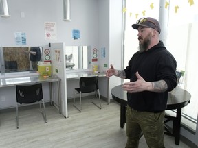 Emile Gariepy, harm reduction manager, speaks during an interview in the safe injection room at Newo Yotina Friendship Centre in Regina, Monday, April 3, 2023. The site hosts about 400 safe injections per month.