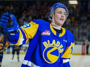 Egor Sidorv scored a pair of goals Friday for the Saskatoon Blades in a 6-3 victory over the Red Deer Rebels at SaskTel Centre. (Steve Hiscock/Saskatoon Blades photo)