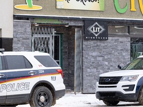 Saskatoon police parked outside Lit Nightclub in Saskatoon on Nov. 7, 2022.