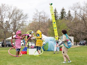 Sum Theatre puts on a sneak peak of its Theatre in the Park performance, Zero Gravity, at Raoul Wallenburg Park, May 12, 2023. Theatre in the Park runs in Saskatoon parks May 18 to June 25.