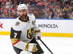 Alex Pietrangelo #7 of the Las Vegas Golden Knights skates in the third period against the Edmonton Oilers in Game Four of the Second Round of the 2023 Stanley Cup Playoffs on May 10, 2023 at Rogers Place in Edmonton, Alberta, Canada.