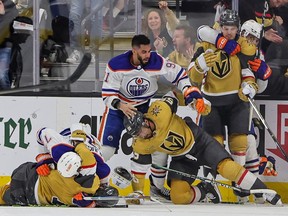 Nick Bjugstad #72, Evander Kane #91 and Cody Ceci #5 of the Edmonton Oilers fight with Alex Pietrangelo #7, Keegan Kolesar #55 and Zach Whitecloud #2 of the Vegas Golden Knights in the second period of Game 2 of the second round of the 2023 Stanley Cup Playoffs at T-Mobile Arena on May 6, 2023, in Las Vegas, Nevada. The Oilers defeated the Golden Knights 5-1.