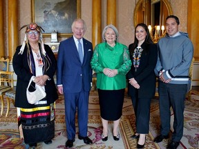 From left, National Chief of the Assembly of First Nations Roseanne Archibald, Britain's King Charles III, Governor General of Canada Mary Simon, President of the National Métis Council Cassidy Caron and President of Inuit Tapirlit Kanatami Natan Obed at Buckingham Palace in London on May 4, 2023.