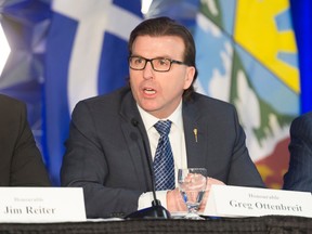 Saskatchewan Party cabinet minister Greg Ottenbreit speaks during a question and answer session with members of the Saskatchewan Urban Municipalities Association meeting at the Queensbury Convention Centre