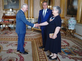 King Charles III receives the Lieutenant Governor of Saskatchewan, Russell Mirasty, and his wife Donna Mirasty, during an audience at Buckingham Palace, London. Picture date: Tuesday May 16, 2023. Victoria Jones/Pool via REUTERS