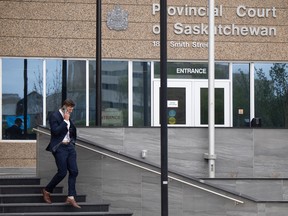 Saskatchewan Roughriders quarterback Jake Dolegala, who is on trial for driving while impaired, walks out of Regina Provincial Court on Thursday, May 18, 2023. KAYLE NEIS / Regina Leader-Post