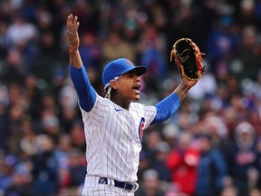 Marcus Stroman of the Chicago Cubs celebrates after retiring the side in the sixth inning against the Milwaukee Brewers at Wrigley Field on March 30, 2023 in Chicago, Illinois.