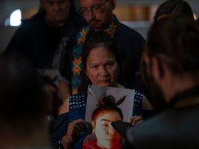 Mother of deceased Stellayna Severight, Angela Severight, speaks to the media after question period in the Saskatchewan Legislative Building on the case of her daughter who died of an overdose while being cared for by the Ministry of Social Services. KAYLE NEIS / Regina Leader-Post
