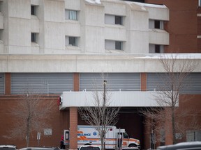 An ambulance sits ouside the doors of the Regina General Hospital.