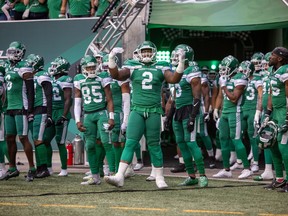 Opening of the Saskatchewan Roughriders season at Mosaic Stadium on Friday, August 6, 2021 in Regina. Micah Johnson, 2, is in the forefront.
