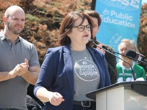 Saskatchewan Opposition NDP Leader Carla Beck speaks at the Rally for Education at the legislature in Regina on Saturday, April 29, 2023. (Larissa Kurz/Regina Leader-Post)