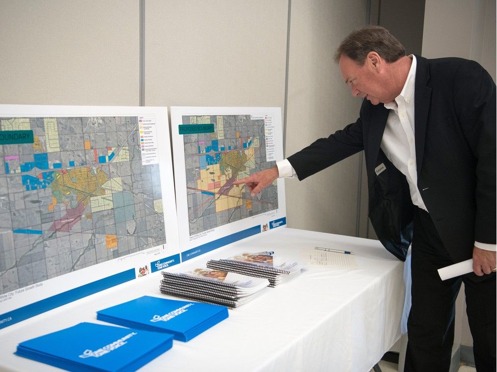 White City Mayor Bruce Evans, shown here at the town's 2018 launch of a proposal to form one integrated full-service urban community with neighbouring sub-divisions. White City's annexation attempt was denied, but it is now appealing that decision.