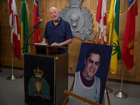 REGINA, SASK : June 27, 2023-- Father of the deceased, Lorne Pavelick speaks during an announcement by the RCMP stating they have arrested a 34-year-old man in Regina and charged him with second-degree murder in relation to the 2006 homicide of 19-year-old Misha Pavelick on Tuesday, June 27, 2023 in Regina. KAYLE NEIS / Regina Leader-Post