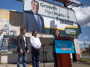 NDP Leader Carla Beck speaks at a press conference off Broad street to call on the Premier to initiate a by-election on Friday, June 23, 2023 in Regina.