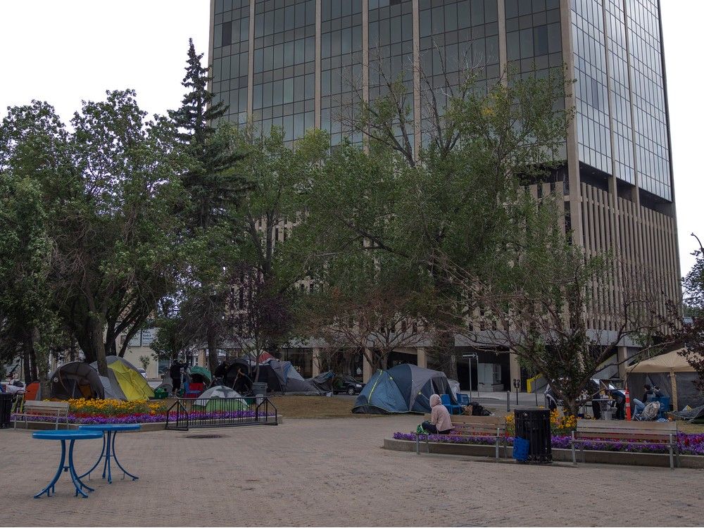REGINA, SASK : July 19, 2023-- A makeshift homeless encampment is set up outside City Hall that now contains  83 tents on the courtyard on Wednesday, July 19, 2023 in Regina. KAYLE NEIS / Regina Leader-Post