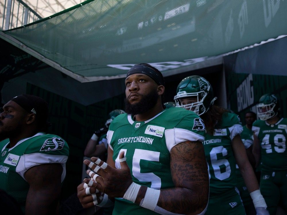 Saskatchewan Roughriders defensive lineman Pete Robertson (45) waits in the tunnel before the first half of CFL action at Mosaic Stadium.