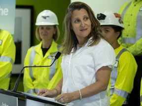 Deputy Prime Minister and Minister of Finance Chrystia Freeland speaks in front of multiple Mosaic employees during a visit to the Belle Plaine potash mine on Tuesday, July 11, 2023 near Belle Plaine.