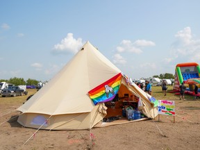 A tipi set up by Two Spirit Alliance of Saskatchewan and the Edmonton Two Spirit Society at Back to Batoche on Friday, July 21, 2023 (Heywood Yu / Saskatoon StarPhoenix)