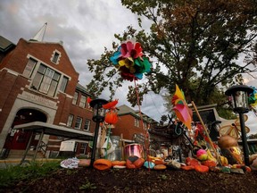 A makeshift memorial is seen outside the former Kamloops Indian Residential School in Kamloops, British Columbia, Canada, on September 1, 2021.