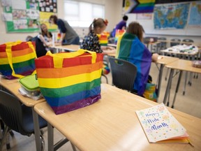 A homemade card that says. "Happy Pride Month" sits in a class room where students are making crafts at Lumsden High School on Saturday, May 28, 2022 in Lumsden, SK.