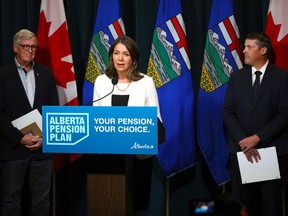 Premier Danielle Smith, Minister of Finance Nate Horner, and Jim Dinning, chair, Alberta Pension Plan Report Engagement Panel, release an independent report on a potential Alberta Pension Plan in Calgary on Sept. 20.