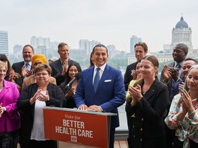 Manitoba NDP Leader Wab Kinew speaks to media during a press conference to kick off the 2023 Manitoba election campaign at the West Broadway Commons in Winnipeg on Tuesday, Sept. 5, 2023.