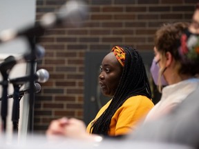 Debbie Owusu-Akyeeah, the executive director of the Canadian Centre for Gender and Sexual Diversity, speaks in her role as a commissioner for the Ottawa People's Commission on the Convoy Occupation during a news conference in Ottawa, on Tuesday, April 4, 2023.