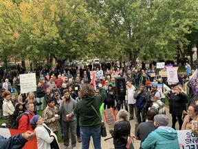 Heated exchanges between protesters and counter-protesters were taking place across the country on Wednesday, Sept. 20, 2023, including along Saskatoon's riverbank. The protests are linked to policies across the country, including in New Brunswick and Saskatchewan, that require young people to get parental consent before teachers can use their preferred first names and pronouns.