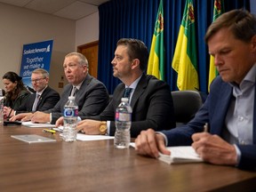 (From left) Regina Mayor Sandra Masters, Health Minister Everett Hindley, Social Services Minister Gene Makowsky, Mental Health and Addictions Minister Tim McLeod and Saskatoon Mayor Charlie Clark hold a press conference regarding the Saskatchewan government's announcement of a new provincial approach to homelessness. Photo taken in Saskatoon, Sask. on Friday, October 6, 2023.