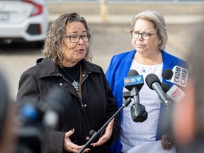 SEIU-West President Barb Cape and Saskatchewan Federation of Labour (SFL) President Lori Johb spoke Wednesday in Saskatoon against the Saskatchewan government's use of the notwithstanding clause to impose Bill 137, which includes provisions requiring parental consent for children under 16 to change their pronouns at school.