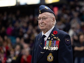 Second World War veteran Reg Harrison at a Remembrance Day ceremony in Saskatoon on Nov. 11, 2022 (Saskatoon StarPhoenix/Michelle Berg)