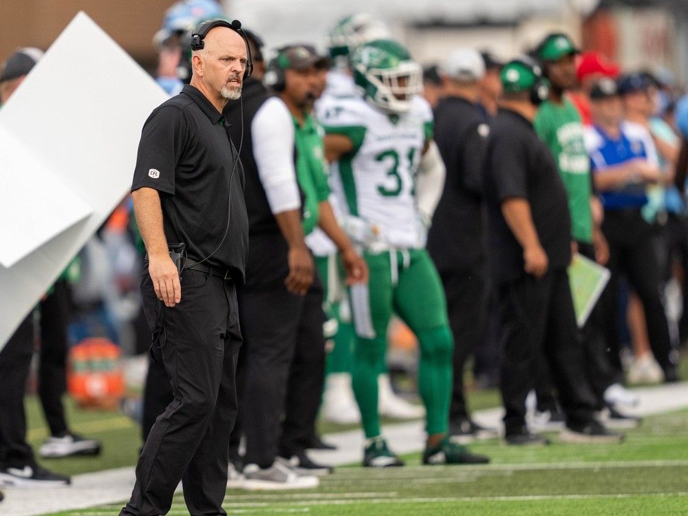 Saskatchewan Roughriders head coach Craig Dickenson patrols the sidelines during a CFL game against the Toronto Argonauts on Jul 28, 2023 in Halifax, Nova Scotia. 
